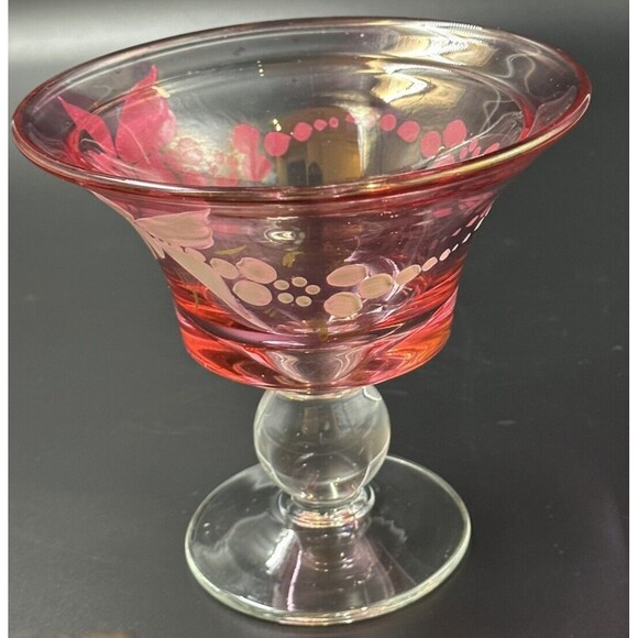 Hand Painted Design on Cranberry Glass Footed Bowl with Clear Glass Pedestal - Picture 3 of 8